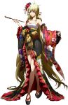  1girl absurdly_long_hair bangs bare_legs blonde_hair breasts brown_eyes chest_sarashi cleavage closed_mouth collarbone floral_print flower full_body hair_between_eyes hair_flower hair_ornament hairpin highres holding japanese_clothes kimono langrisser langrisser_ii long_hair long_sleeves looking_at_viewer makeup mascara medium_breasts nail_polish official_art print_kimono rana_(langrisser) red_flower red_lips red_nails sarashi shiny shiny_skin solo standing toenail_polish toenails transparent_background very_long_hair wide_sleeves yukata 