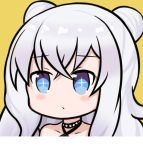  +_+ 1girl azur_lane bangs bare_shoulders black_choker blue_eyes blush choker closed_mouth collarbone criss-cross_halter double_bun eyebrows_visible_through_hair hair_between_eyes halterneck le_malin_(azur_lane) long_hair looking_away nagato-chan orange_background portrait silver_hair simple_background solo 