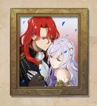  1boy 1girl alvis_(fire_emblem) brown_gloves closed_mouth deirdre_(fire_emblem) fire_emblem fire_emblem:_genealogy_of_the_holy_war gloves hair_ornament highres husband_and_wife kyufe long_hair parted_lips photo_(object) picture_frame purple_eyes purple_hair red_eyes red_hair upper_body white_gloves 