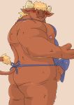  2019 anthro apron araiguma_11 balls blush bovid bovine bulge butt cattle clothing erection horn humanoid_hands male mammal moobs nipples overweight overweight_male penis simple_background solo 