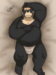  2019 absurd_res alfredblaze anthro belly black_fur bulge clothing fundoshi fur hi_res humanoid_hands japanese_clothing lying male mammal moobs navel nipples overweight overweight_male solo spectacled_bear tremarctine underwear ursid 