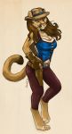  2019 4_toes 5_fingers anthro barefoot breasts brown_hair caribou_(artist) clothed clothing cougar felid feline female fingers green_eyes hair mammal solo standing toes 