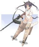 1girl animal_ears black_choker black_hair bow breasts cat_ears cat_girl cat_tail choker collarbone collared_shirt commentary_request fingernails francesca_lucchini full_body green_bow green_eyes groin gun hair_ribbon highres holding holding_gun holding_weapon karukan_(monjya) long_hair long_sleeves looking_at_viewer machine_gun panties ribbon shirt small_breasts solo strike_witches striker_unit striped striped_panties tail twintails underwear weapon weapon_request white_background white_ribbon white_shirt world_witches_series 