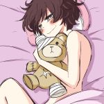  1girl akiyama_yukari bandages bed blush boko_(girls_und_panzer) brown_hair girls_und_panzer looking_at_viewer lying noumen nude object_hug short_hair smile solo stuffed_animal stuffed_toy teddy_bear 