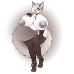  1:1 absurd_res alexaxes anthro big_breasts breasts canid canine clothing curvaceous female hi_res huge_breasts hyper hyper_breasts legwear looking_at_viewer mammal monochrome nipple_piercing nipples piercing smile solo standing thick_thighs thigh_highs 