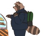  2018 anthro bottomwear brown_fur canid canine clothing food fur hi_res humanoid_hands male mammal overweight overweight_male pants raccoon_dog rentcg shirt solo tanuki topwear 