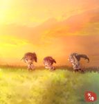  3girls bag brown_eyes brown_hair chibi closed_eyes commentary_request expressionless grass grey_hair hair_ribbon hakama_skirt highres if_they_mated ips_cells japanese_clothes kaga_(kantai_collection) kantai_collection long_hair multiple_girls orange_sky ribbon running side_ponytail sky smile sunset taisa_(kari) tasuki twintails white_ribbon zuikaku_(kantai_collection) 