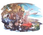  2girls alpha_transparency bangs beach bikini black_bikini black_hair black_wings blonde_hair blue_sky blush breasts cleavage closed_eyes cloud curly_hair dark_skin day eyewear_on_head fangs feathered_wings flower full_body granblue_fantasy hair_flower hair_ornament harut_(granblue_fantasy) head_wings innertube large_breasts long_hair lying minaba_hideo multiple_girls ocean official_art on_back open_mouth outdoors palm_tree red_flower sandals sky smile sunglasses swimsuit transparent_background tree very_long_hair wet white_bikini wings 