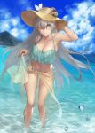  1girl absurdres anastasia_(fate/grand_order) bangs bare_shoulders bikini blue_eyes breasts cleavage cloud cloudy_sky commentary_request dutch_angle fate/grand_order fate_(series) grey_hair hair_between_eyes hat hat_ribbon highres large_breasts long_hair looking_at_viewer mountain peperon_(peperou) ribbon sarong shallow_water sidelocks silver_hair sky smile solo sun_hat swimsuit translucent_sarong very_long_hair 