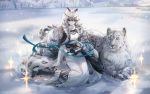  animal animal_ears arknights bell blue_eyes boots braids cape catgirl dress gray_hair headdress long_hair necklace pramanix_(arknights) ribbons snow snow_is tail watermark 
