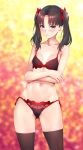  1girl bangs black_hair black_legwear blue_eyes bra breasts closed_mouth collarbone commentary_request crossed_arms eyebrows_visible_through_hair fate/stay_night fate_(series) hair_ribbon lingerie lips navel panties red_bra red_panties red_ribbon ribbon side-tie_panties small_breasts solo standing stomach thighhighs toosaka_rin twintails underwear underwear_only zucchini 