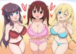  3girls bangs bare_shoulders bikini blend_s blonde_hair blue_background blue_bikini blue_eyes blunt_bangs blush breasts brown_eyes brown_hair collarbone crossover deep_skin ebina_nana embarrassed eyebrows_visible_through_hair foreshortening frilled_bikini frills from_above front-tie_bikini front-tie_top gradient gradient_background hair_between_eyes hair_ribbon hand_on_own_breast hand_on_own_chest heart himouto!_umaru-chan hinata_kaho huge_breasts large_breasts legs_together long_hair looking_at_viewer medium_hair mole mole_on_breast multicolored multicolored_background multiple_girls navel new_game! nose_blush one_eye_closed open_mouth orange_background pink_bikini purple_hair red_bikini red_ribbon ribbon shiny shiny_hair shiny_skin shiromina smile standing swimsuit take_your_pick takimoto_hifumi thigh_gap thighs tongue twintails two_side_up v wavy_mouth white_background yellow_background 