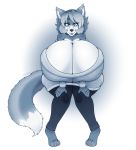  absurd_res alexaxes anthro big_breasts breasts canid canine clothed clothing female fur hair hi_res huge_breasts hyper hyper_breasts looking_at_viewer makeup mammal monochrome smile solo standing 