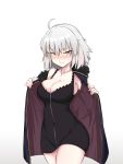  1girl ahoge armpits blush breasts cleavage cowboy_shot fate/grand_order fate_(series) fur_trim grey_hair jacket jeanne_d&#039;arc_(alter)_(fate) jeanne_d&#039;arc_(fate)_(all) jewelry kumasteam large_breasts looking_at_viewer necklace open_clothes open_jacket short_hair slit_pupils solo sweatdrop thighs white_background yellow_eyes 