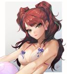  1girl alternate_costume ball bangs beachball bikini breasts brown_eyes cleavage collarbone earrings expressionless gradient gradient_background grey_background highres holding holding_ball jewelry kujikawa_rise leaning_back light_particles lips long_hair looking_at_viewer medium_breasts persona persona_4 red_hair signature solo swept_bangs swimsuit tajima_yukie two_side_up upper_body white_bikini 