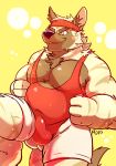  2016 absurd_res accessory anthro balls_outline barazoku belly biceps black_nose bodily_fluids brown_fur bulge clothed clothing digital_media_(artwork) eyebrows fur hair haps headband hi_res hyaenid male mammal musclegut muscular muscular_male navel partially_clothed pecs penis_outline red_clothing shirt signature simple_background smile solo sport standing striped_fur striped_hyena stripes sweat tank_top tight_clothing topwear yellow_background 