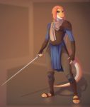  2018 anthro blue_eyes clothed clothing digital_media_(artwork) easkull female holding_object holding_weapon melee_weapon solo standing sword sythgara weapon 