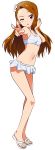  1girl ;o absurdres akizuki_ritchan bikini bow brown_hair floating_hair full_body groin hair_bow hairband highres idolmaster idolmaster_(classic) long_hair looking_at_viewer minase_iori navel one_eye_closed outstretched_arm red_eyes shiny shiny_hair solo standing swimsuit transparent_background v very_long_hair white_bikini white_bow white_hairband 