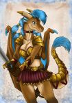  2019 5_fingers anthro blue_eyes blue_hair breasts caribou_(artist) digital_media_(artwork) dragon female fingers hair holding_object holding_weapon horn mammal melee_weapon membrane_(anatomy) membranous_wings non-mammal_breasts scalie smile standing sword weapon western_dragon wings 