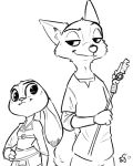  2017 alec8ter ambiguous_gender anthro arrow black_and_white canid canine cheek_tuft clothed clothing cosplay disney duo fox hand_on_hip head_tuft hi_res holding_object judy_hopps lagomorph leporid link mammal monochrome nick_wilde nintendo princess_zelda rabbit signature simple_background the_legend_of_zelda tuft video_games white_background zootopia 