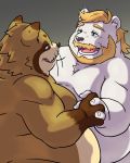  2019 4:5 absurd_res anthro belly brown_fur canid canine duo fur green_eyes hand_holding hi_res humanoid_hands male male/male mammal moobs overweight overweight_male polar_bear raccoon_dog sakusan_kc simple_background tanuki tenugui ursid ursine white_fur 