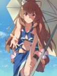  1girl animal_ear_fluff animal_ears bangs belt bikini blue_bikini blue_sky blue_swimsuit blunt_bangs breasts brown_hair chiharu_(9654784) closed_eyes cloud commentary_request eyebrows_visible_through_hair highres leg_garter long_hair looking_at_viewer medium_breasts parasol raccoon_ears raccoon_girl raccoon_tail raphtalia red_eyes sky smile solo swimsuit tail tate_no_yuusha_no_nariagari umbrella 