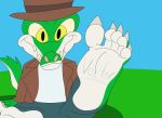  5_toes alligator alligatorid autograph barefoot claws clothed clothing cregon crocodile crocodilian crocodylid foot_focus fully_clothed happy jollyville male reptile scalie simple_background solo teeth toes 