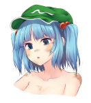  1girl bangs blue_eyes blue_hair blush breasts cabbie_hat collarbone commentary_request cropped_shoulders dirty dirty_face green_headwear hair_bobbles hair_ornament hat highres kawashiro_nitori medium_breasts miyo_(ranthath) nude parted_lips portrait short_hair sidelocks simple_background solo touhou two_side_up white_background 