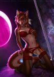  2019 5_fingers anthro black_nose bra breasts brown_fur brown_hair canid canine canis clothing clothing_aside detailed_background digital_media_(artwork) etskuni female fingers fur hair hi_res kneeling looking_at_viewer mammal nude panties panties_aside pole pussy selina_zifer smile solo underwear underwear_aside wolf 