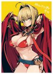  1girl ahoge arm_guards bangs bare_shoulders belt bikini blonde_hair blush braid breasts cape cleavage fate/extra fate_(series) french_braid green_eyes hair_between_eyes hair_bun hair_intakes hands_up highres imigimuru large_breasts long_hair looking_at_viewer navel nero_claudius_(fate) nero_claudius_(fate)_(all) open_mouth red_bikini simple_background solo swimsuit thighs yellow_background 