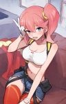  1girl aina_ardebit blue_eyes gloves looking_at_viewer midriff open_mouth pink_hair promare shorts side_ponytail smile soto suspenders thighhighs 