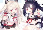  2girls :d animal_ears arm_support azur_lane bangs bare_shoulders bed_sheet belt belt_buckle black_hair black_skirt blue_nails blush bow braid breasts buckle cleavage collarbone commentary_request crop_top crop_top_overhang eyebrows_visible_through_hair fang fingerless_gloves fingernails gloves hair_between_eyes hair_ornament hand_up headgear high_ponytail koko_ne_(user_fpm6842) large_breasts light_brown_hair long_hair midriff multicolored multicolored_nails multiple_girls nail_art navel off_shoulder open_mouth pleated_skirt ponytail puffy_short_sleeves puffy_sleeves purple_nails red_belt red_bow red_eyes red_gloves red_nails shigure_(azur_lane) shirt short_eyebrows short_sleeves side_braid signature single_braid skirt smile tail tattoo thick_eyebrows two_side_up very_long_hair white_shirt white_skirt wolf_ears wolf_girl wolf_tail yellow_nails yuudachi_(azur_lane) 