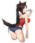  1girl alternate_costume alternate_hairstyle animal_ear_fluff animal_ears ass bare_arms bare_shoulders black_hair blush breasts buruma camisole casual commentary_request contemporary cowboy_shot criss-cross_halter cropped_legs food food_in_mouth from_behind halterneck hand_up holding holding_food imaizumi_kagerou kasuka_(kusuki) large_breasts leaning_forward long_hair looking_at_viewer looking_back midriff ponytail popsicle red_eyes sidelocks simple_background solo standing sweat tail thighs touhou very_long_hair white_background wolf_ears wolf_tail 