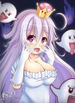  1girl artist_name blush breasts cleavage commentary_request crown dress eyebrows_visible_through_hair frills ghost gloves hair_between_eyes highres jewelry large_breasts long_hair looking_at_viewer mario_(series) momoirocharinko monster_girl princess_king_boo purple_eyes sharp_teeth super_crown teeth tongue tongue_out white_dress white_gloves 