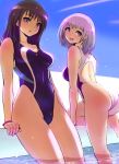  2girls black_hair blue_eyes blue_sky blue_swimsuit breasts collarbone commentary_request competition_swimsuit condensation_trail covered_navel cowboy_shot highleg highleg_swimsuit highres lavender_hair long_hair looking_at_viewer medium_breasts multiple_girls one-piece_swimsuit onsen_tengoku red_eyes shinjou_akane short_hair sky ssss.gridman standing swimsuit takarada_rikka white_swimsuit 