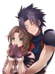  1boy 1girl aerith_gainsborough black_hair brown_hair closed_eyes closed_mouth commentary_request crisis_core_final_fantasy_vii final_fantasy final_fantasy_vii gloves green_eyes long_hair sasanomesi simple_background spiked_hair white_background zack_fair 