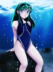  1girl absurdres air_bubble arm_support blue_eyes blue_swimsuit bubble competition_swimsuit green_hair highres long_hair looking_at_viewer lum nanao_futaba one-piece_swimsuit oni_horns parted_lips pointy_ears rock sitting solo swimsuit underwater urusei_yatsura 