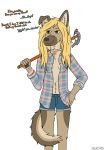  2019 5_fingers absurd_res anthro belly black_pawpads blonde_hair blue_eyes bottomwear bracelet brown_fur canid canine canis claws clothed clothing collar collar_ring collar_tag conduit_bender cute_fangs denim denim_clothing denim_shorts dialogue digital_media_(artwork) domestic_dog english_text facial_piercing female fingers flannel fluffy fur german_shepherd hair hand_on_hip herding_dog hi_res holding_object humanoid_hands jewelry kira_mudford_(nmd90) leg_markings long_hair looking_away mammal markings navel neck_tuft nose_piercing nose_ring open_shirt pastoral_dog pawpads piercing rolled_up_sleeves shirt short_shorts shorts simple_background smile solo standing teenager text topwear tuft unseen_character white_background young 