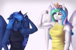  2019 anthro biceps blue_eyes blue_hair breasts clothing crown duo equid fairdahlia feathered_wings feathers female flexing friendship_is_magic hair hi_res horn mammal multicolored_hair muscular muscular_female my_little_pony pink_eyes princess_celestia_(mlp) princess_luna_(mlp) shirt sibling sister sisters smile tank_top tiara topwear unicorn_horn winged_unicorn wings 