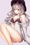  1girl :d alternate_costume azur_lane bangs bikini blush breasts butterfly_hair_ornament choker cleavage collarbone curly_hair dunkerque_(azur_lane) dunkerque_(summer_sucre)_(azur_lane) eyebrows_visible_through_hair eyewear_on_head feet_out_of_frame flower grey_hair hair_ornament hairband highres knees_up large_breasts long_hair looking_at_viewer navel nurumaru_yu off_shoulder open_mouth pink_eyes ponytail purple_background purple_bikini shirt sidelocks simple_background sitting sleeves_past_wrists smile solo sunglasses swimsuit thighs white_shirt 