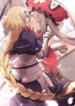  2girls armor armored_dress blonde_hair blurry blurry_background braid capelet chain closed_eyes dress eyebrows_visible_through_hair fate/grand_order fate_(series) faulds gauntlets gloves hair_ribbon headpiece highres jeanne_d&#039;arc_(fate) jeanne_d&#039;arc_(fate)_(all) long_braid long_hair marie_antoinette_(fate/grand_order) multiple_girls no-kan open_mouth plackart red_dress red_gloves red_headwear ribbon short_dress silver_hair single_braid sleeveless sleeveless_dress startled twintails very_long_hair 