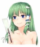  1girl bangs blue_eyes blush breasts collarbone commentary_request cropped_shoulders eyebrows_visible_through_hair frog_hair_ornament green_hair hair_ornament hair_tubes highres holding kochiya_sanae long_hair medium_breasts miyo_(ranthath) nude sidelocks simple_background smile snake_hair_ornament solo touhou upper_body white_background 