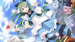  1girl alice_in_wonderland aqua_eyes bangs blue_dress breasts card clenched_hand cloud cloudy_sky commentary_request dress dutch_angle eyebrows_visible_through_hair frilled_dress frills green_hair hair_ornament hair_ribbon hairclip kantai_collection leg_up long_hair medium_breasts mushroom open_mouth outdoors parted_bangs playing_card ribbon short_sleeves sky solo striped striped_legwear swept_bangs thighhighs yamakaze_(kantai_collection) yasume_yukito 
