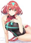  1girl akahito arm_support bare_arms bare_shoulders bed_sheet blush breasts closed_mouth commentary_request covered_collarbone covered_navel earrings fingernails hand_on_own_chest highres homura_(xenoblade_2) jewelry looking_at_viewer medium_breasts neon_trim one-piece_swimsuit red_eyes red_hair shiny shiny_hair shiny_skin short_hair simple_background sitting solo swimsuit thighs tiara white_background xenoblade_(series) xenoblade_2 