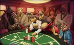  absurd_res anthro big_breasts black_tie_(suit) bow_tie breasts canid canine canis casino clothed clothing daniel_porter dobermann domestic_dog equid equine felid feline female fur greasymojo group hair hi_res horse huge_breasts inside male mammal pinscher poker procyonid raccoon smile suit tracy_porter 