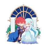  1girl 2boys armor artist_request baby blue_hair bride cape chibi closed_eyes eliwood_(fire_emblem) father_and_son fire_emblem fire_emblem:_the_binding_blade fire_emblem:_the_blazing_blade fire_emblem_heroes gloves hair_ornament mamkute mother_and_son multiple_boys ninian red_hair roy_(fire_emblem) short_hair simple_background smile sword tiara veil weapon younger 