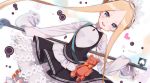  1girl abigail_williams_(fate/grand_order) apron bangs black_skirt blonde_hair blue_eyes bow butterfly_hair_ornament eretto fate/grand_order fate_(series) hair_ornament heroic_spirit_chaldea_park_outfit holding key long_hair looking_at_viewer maid maid_apron maid_headdress open_mouth orange_bow skirt sleeves_past_fingers sleeves_past_wrists smile stuffed_animal stuffed_toy teddy_bear white_bow 