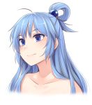  1girl ahoge aqua_(konosuba) bangs blue_eyes blue_hair blush collarbone commentary_request cropped_shoulders eyebrows_visible_through_hair hair_bobbles hair_ornament hair_rings half_updo highres kono_subarashii_sekai_ni_shukufuku_wo! long_hair miyo_(ranthath) nude portrait sidelocks simple_background smile solo white_background 