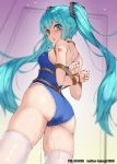  1girl aqua_eyes aqua_hair arms_behind_back ass bdsm blush bondage bound bound_arms cowboy_shot from_behind haimei1980 hatsune_miku highres long_hair looking_at_viewer one-piece_swimsuit open_mouth peeing peeing_self restrained school_swimsuit solo swimsuit thighhighs thighs twintails very_long_hair vocaloid white_legwear 