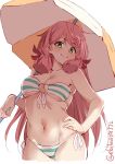  1girl akashi_(kantai_collection) alternate_costume beach_umbrella bikini blush breasts closed_mouth ebifurya green_eyes hair_ribbon highres holding holding_umbrella jpeg_artifacts kantai_collection large_breasts long_hair looking_at_viewer navel pink_hair red_ribbon ribbon smile solo striped striped_bikini swimsuit twintails umbrella 